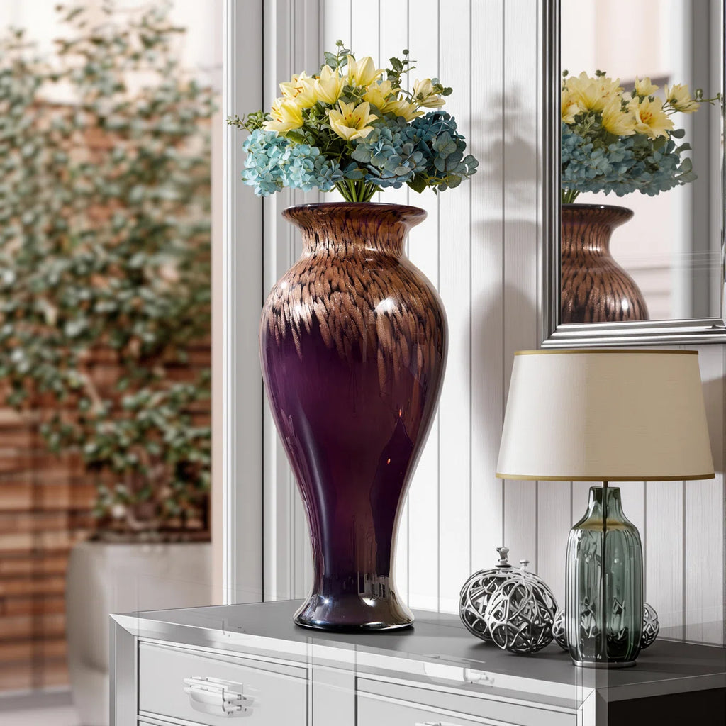 Hand-blown stained glass tabletop modern vase with , glazed glass grain and wide mouth decorative fashionable floor vase