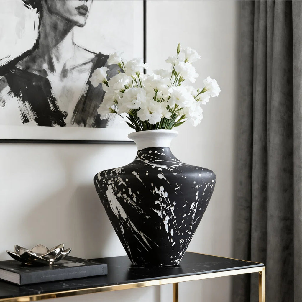 Irregular handcrafted ceramic tabletop vase, splash-ink pattern ceramic vase, ceramic textured decorative vase