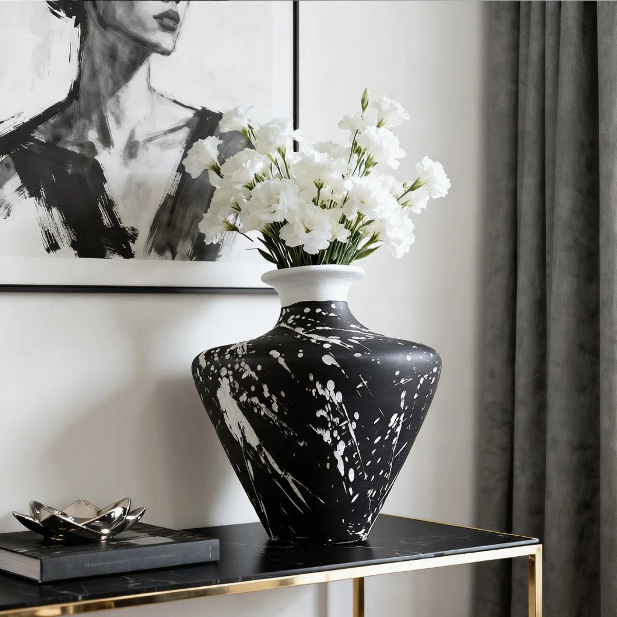 Irregular handcrafted ceramic tabletop vase, splash-ink pattern ceramic vase, ceramic textured decorative vase