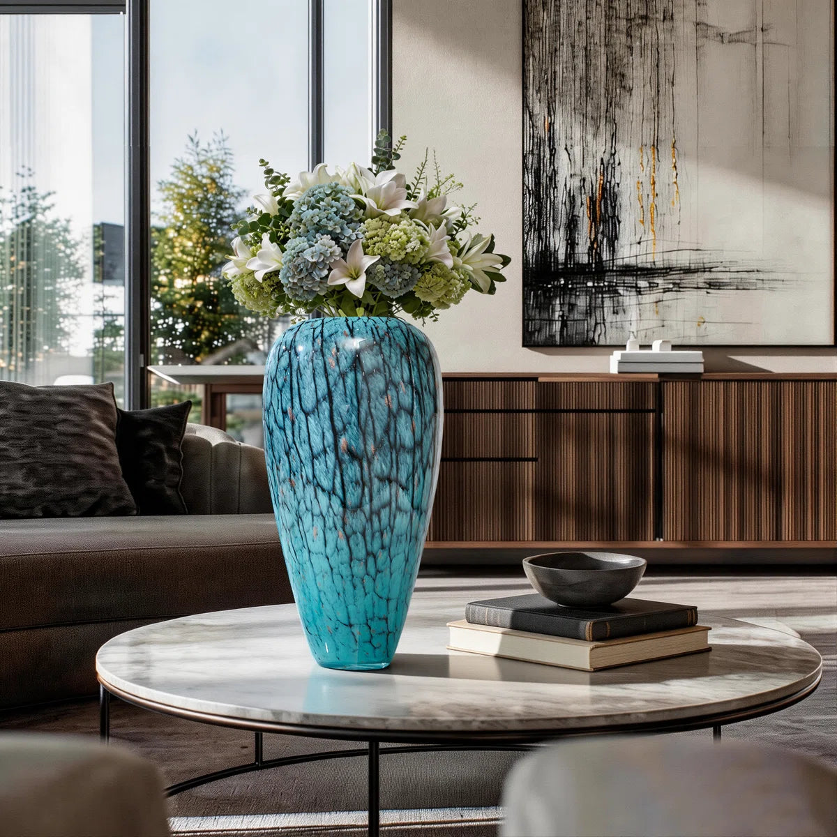 Hand-blown fashionable blue tree-shaped textured colored glass tabletop modern vase with glazed glass texture and wide mouth decorative vase