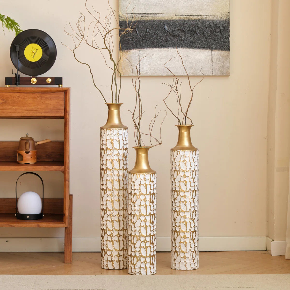 Metal Tall Floor Vase with Golden Blossom Vine Pattern, Large Flower Vase, Gold Vase (Set Of 3)