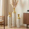 Medhansh Metal Floor Vase, Tall Decorative Vase with Floral Relief Pattern, Antique White Finish (Set of 3)