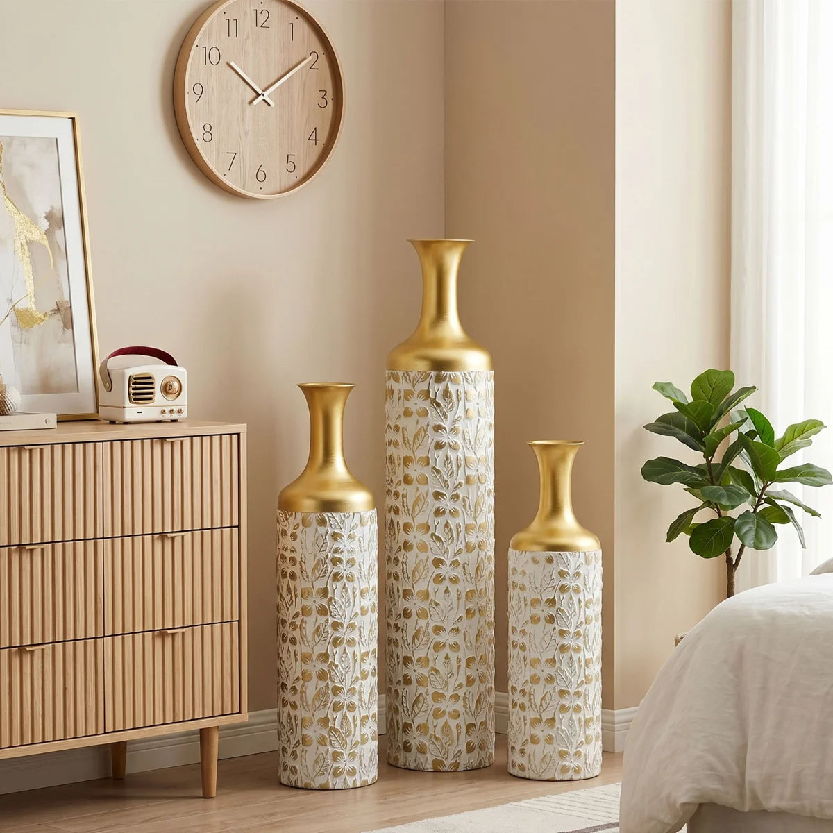 Medhansh Metal Floor Vase, Tall Decorative Vase with Floral Relief Pattern, Antique White Finish (Set of 3)