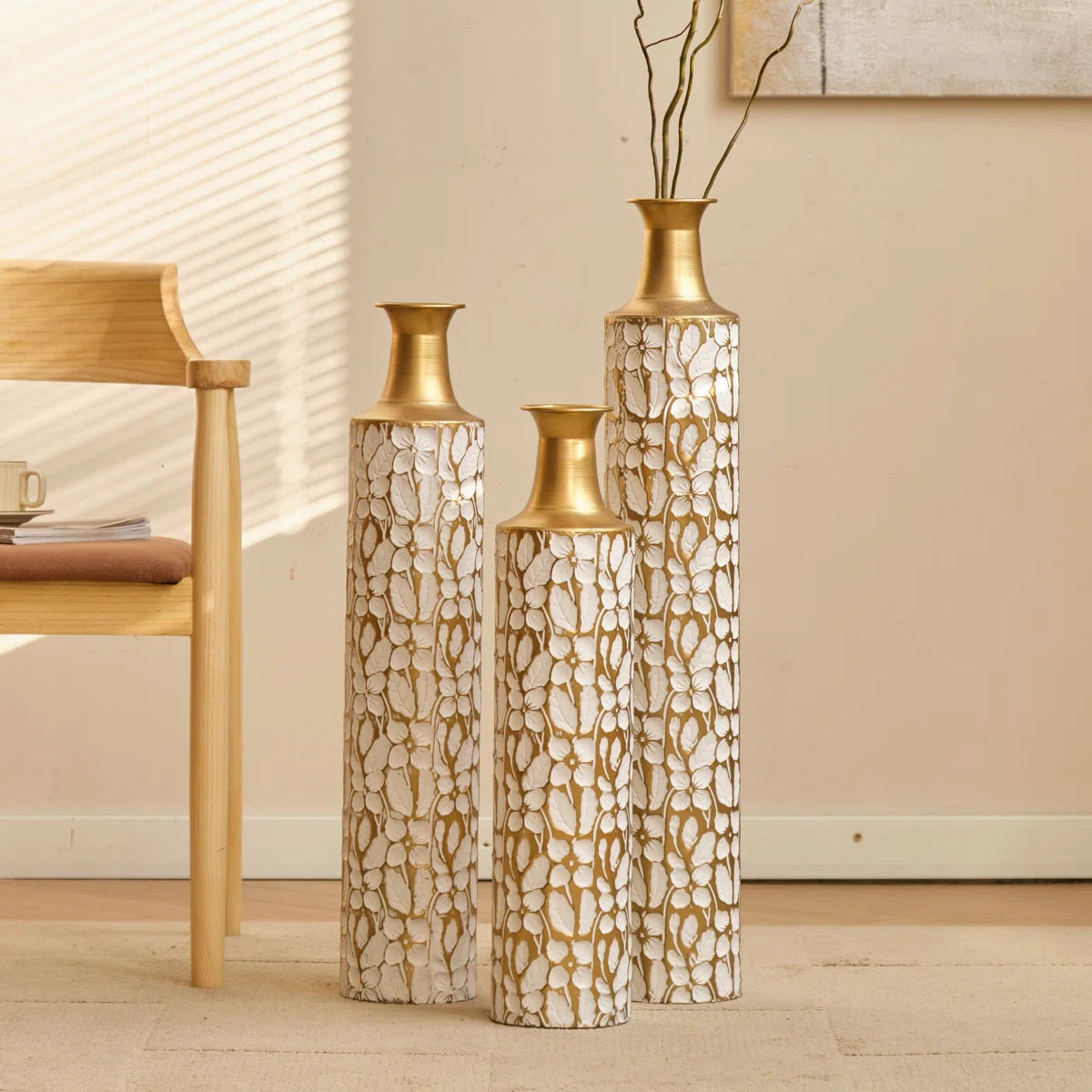 Metal Tall Floor Vase with Golden Blossom Vine Pattern, Large Flower Vase, Gold Vase (Set Of 3)