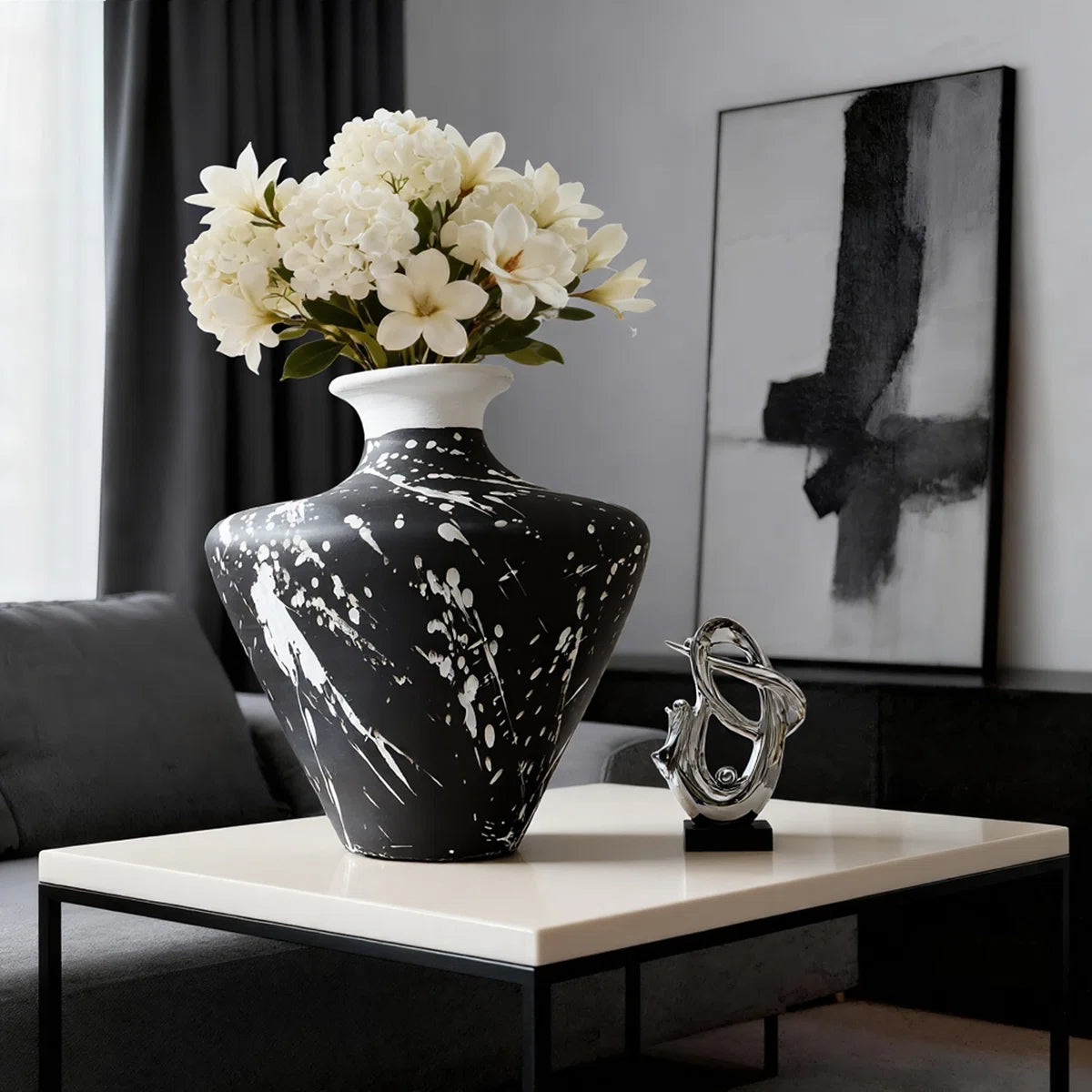 Irregular handcrafted ceramic tabletop vase, splash-ink pattern ceramic vase, ceramic textured decorative vase