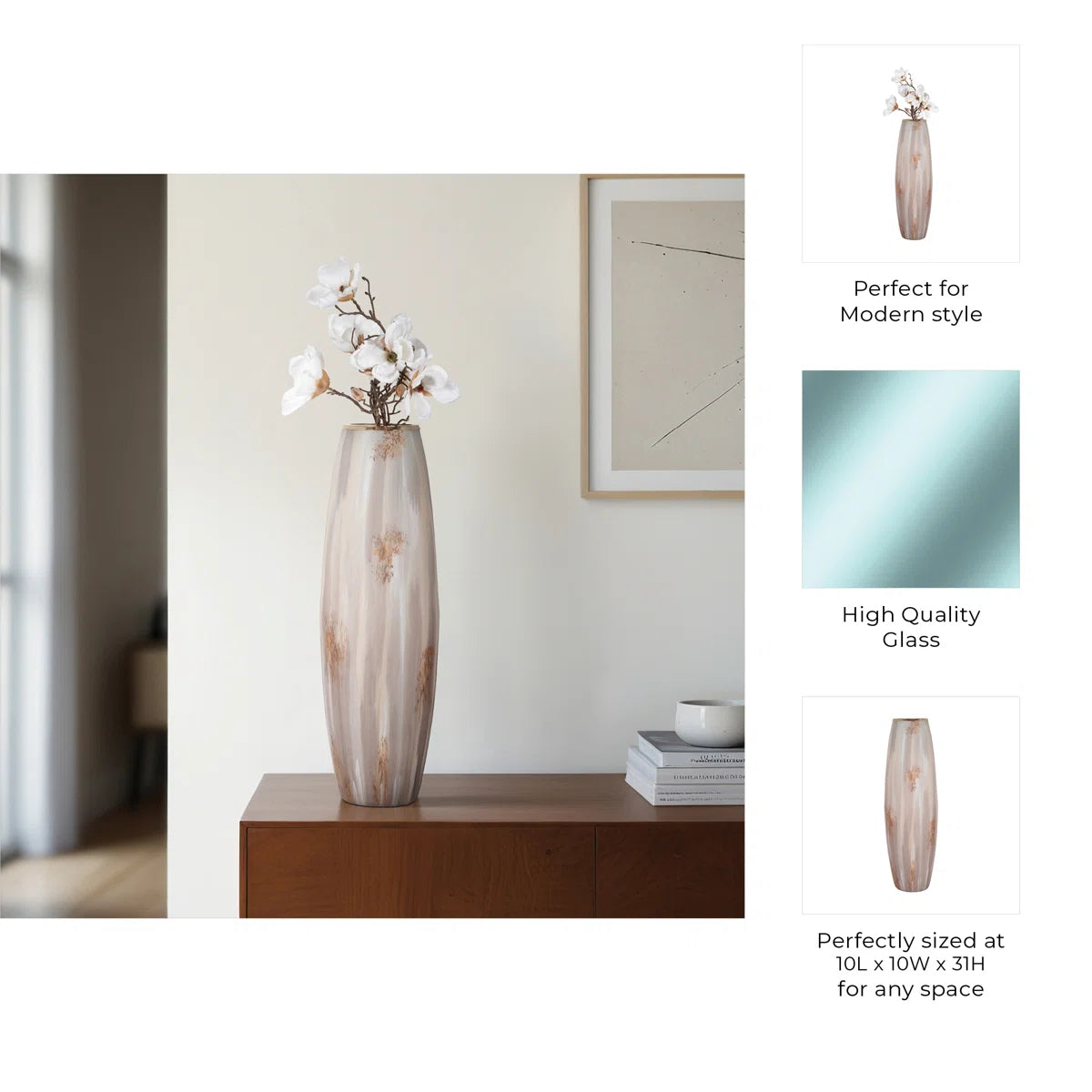 Jocelyn Modern Textured Tall Glass Vase for Home Decor - Decorative Table Flower Vase with Metal Rim for Living Room Styling and Tabletop Display - Tan