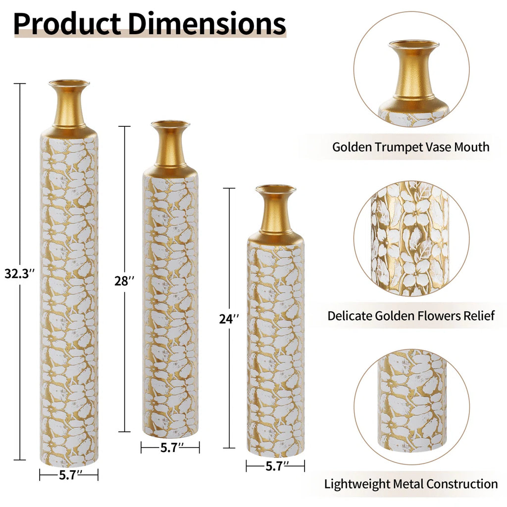 Metal Tall Floor Vase with Golden Blossom Vine Pattern, Large Flower Vase, Gold Vase (Set Of 3)