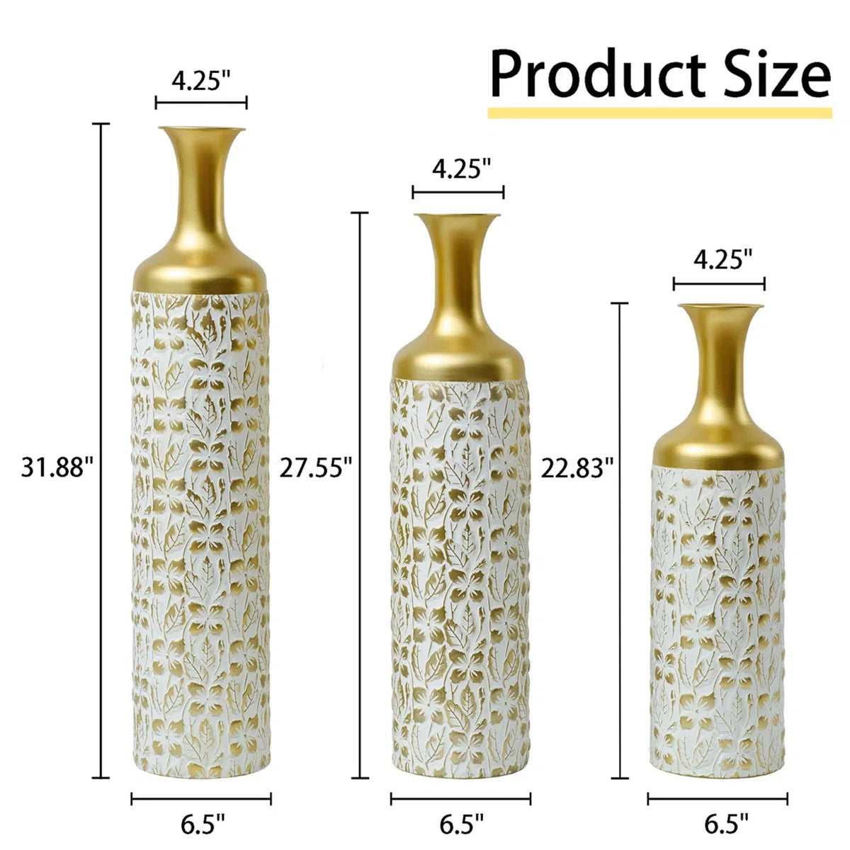 Medhansh Metal Floor Vase, Tall Decorative Vase with Floral Relief Pattern, Antique White Finish (Set of 3)