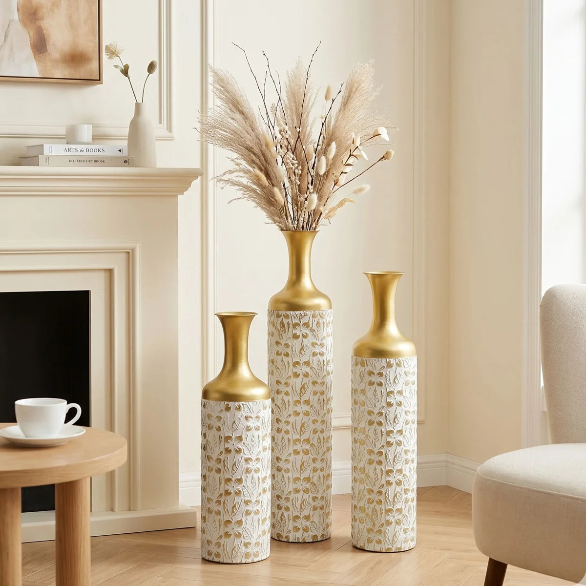 Medhansh Metal Floor Vase, Tall Decorative Vase with Floral Relief Pattern, Antique White Finish (Set of 3)