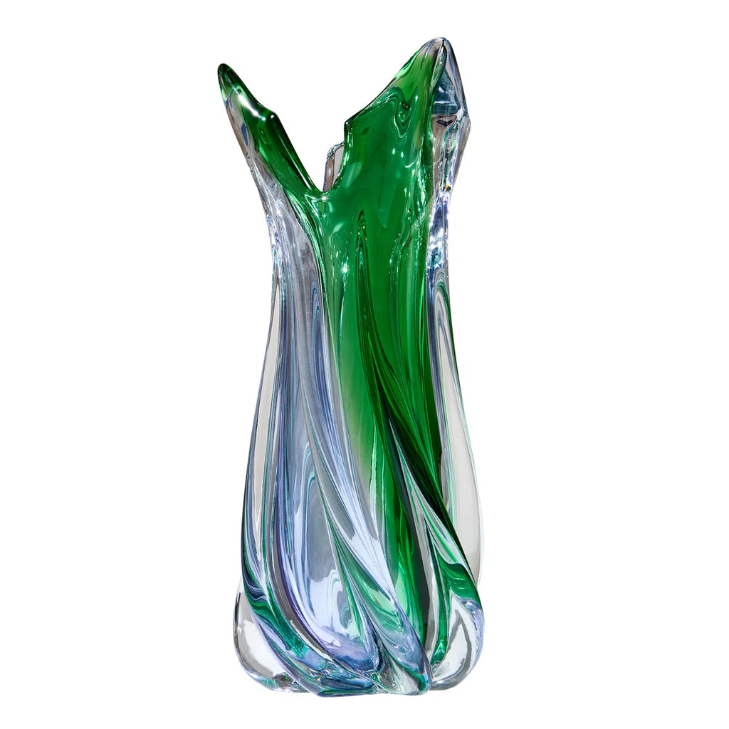 Hand-blown green and blue glass vase, unique swirl pattern sculptural vase, art glass table vase, suitable for modern home decoration.