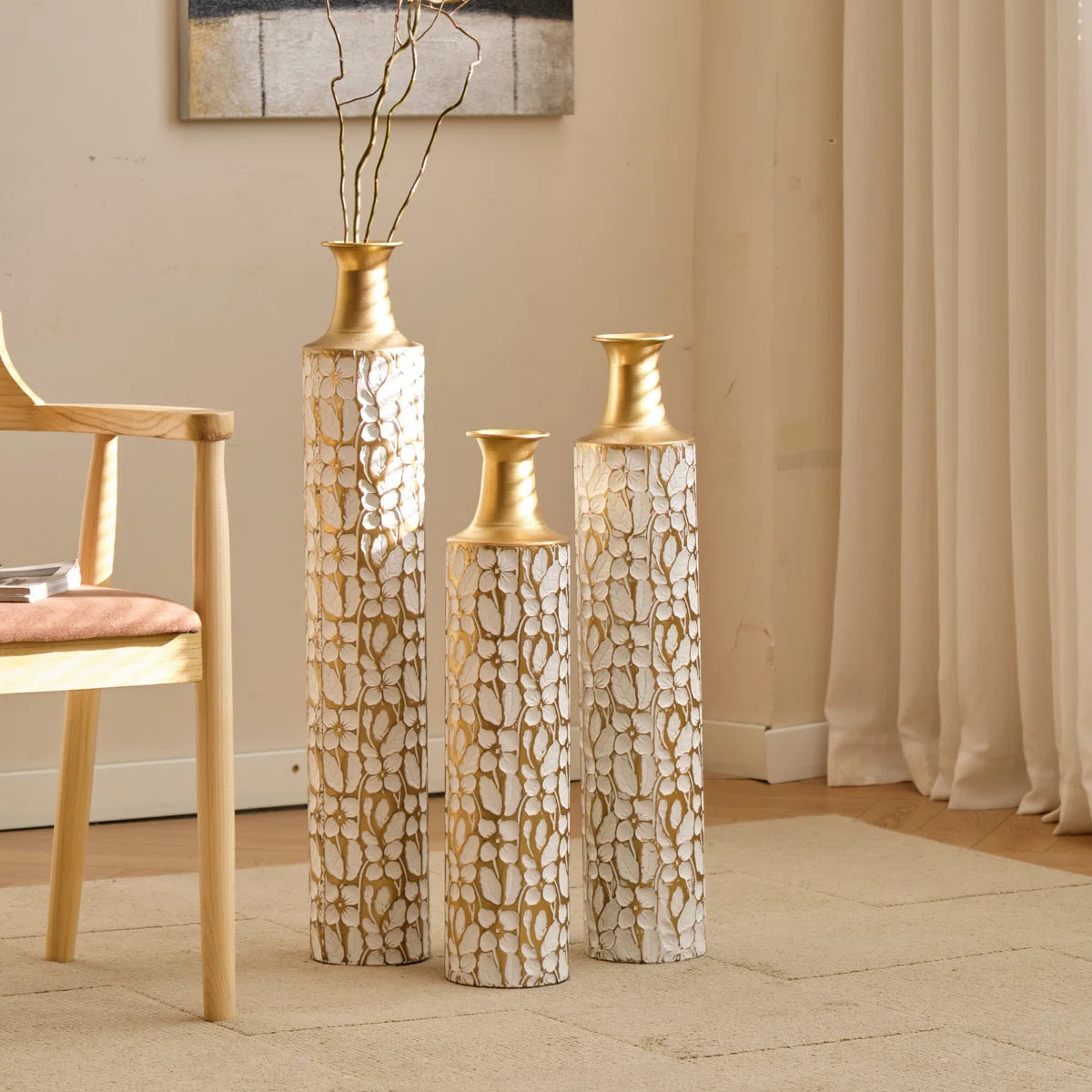 Metal Tall Floor Vase with Golden Blossom Vine Pattern, Large Flower Vase, Gold Vase (Set Of 3)