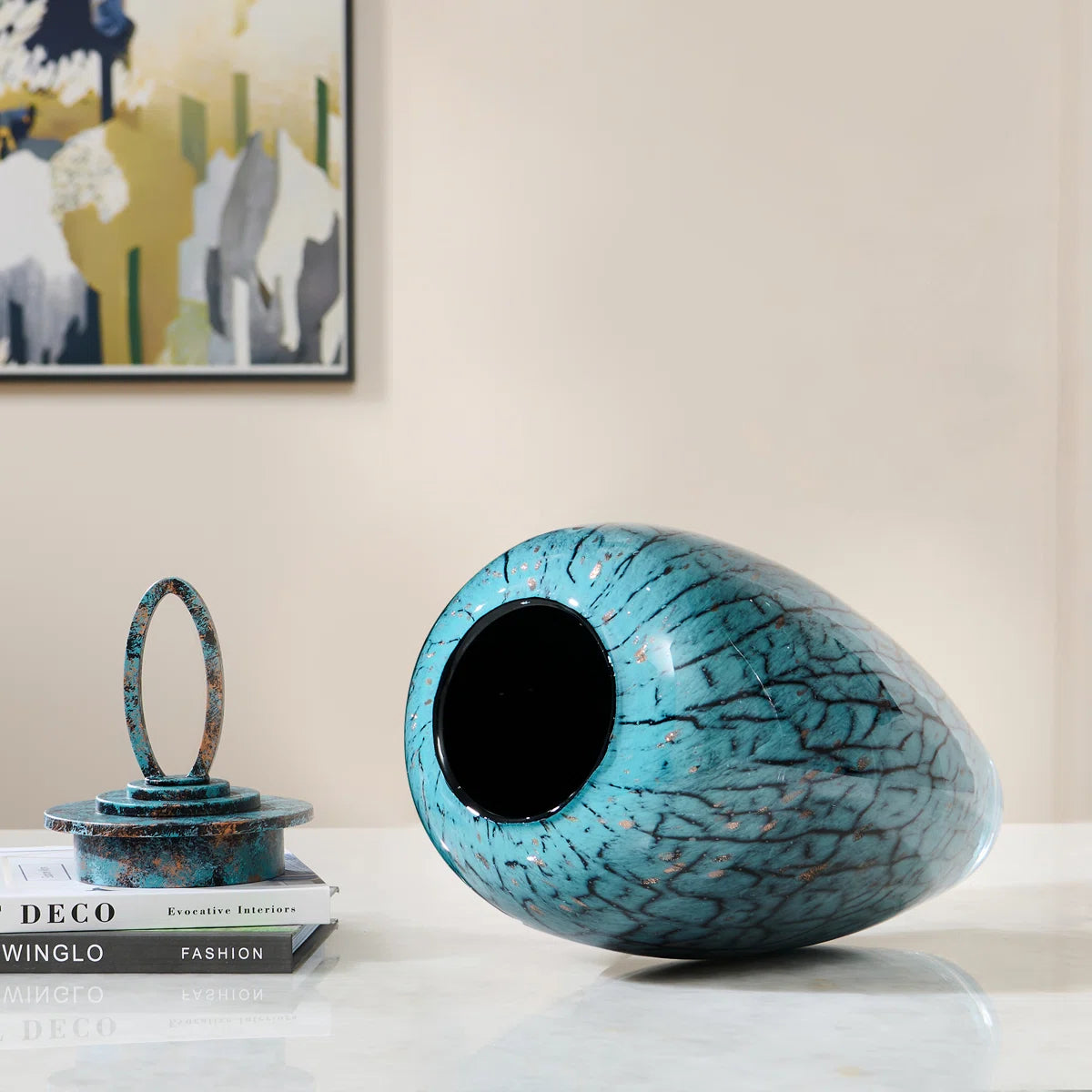 Hand-blown fashionable blue tree-shaped textured colored glass tabletop modern vase with glazed glass texture and wide mouth decorative vase