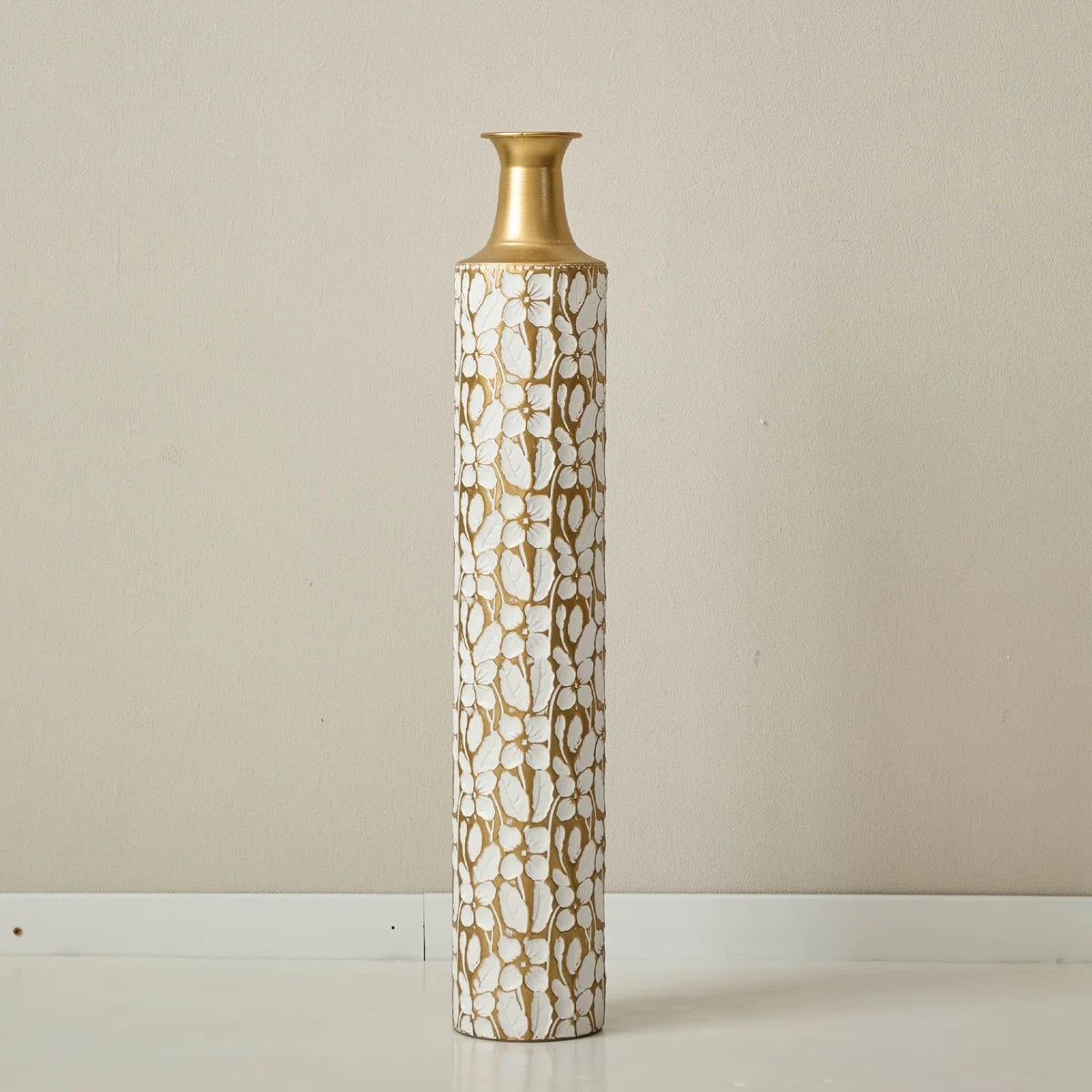 Metal Tall Floor Vase with Golden Blossom Vine Pattern, Large Flower Vase, Gold Vase (Set Of 3)