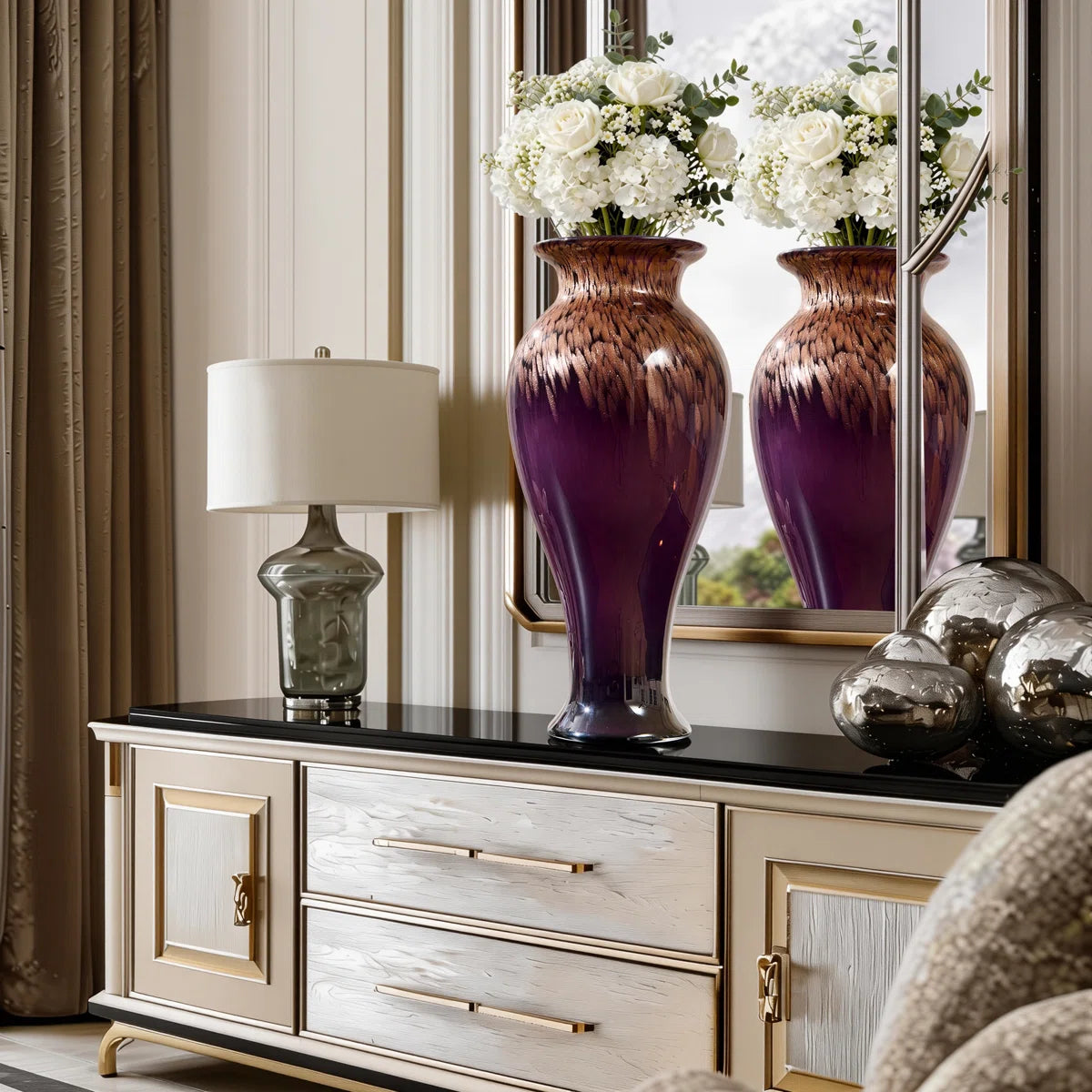 Hand-blown stained glass tabletop modern vase with , glazed glass grain and wide mouth decorative fashionable floor vase