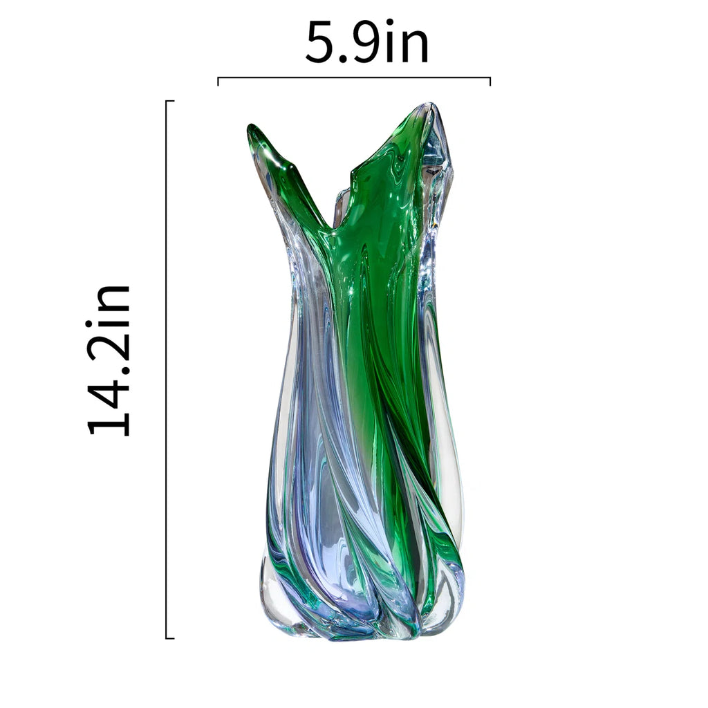 Hand-blown green and blue glass vase, unique swirl pattern sculptural vase, art glass table vase, suitable for modern home decoration.