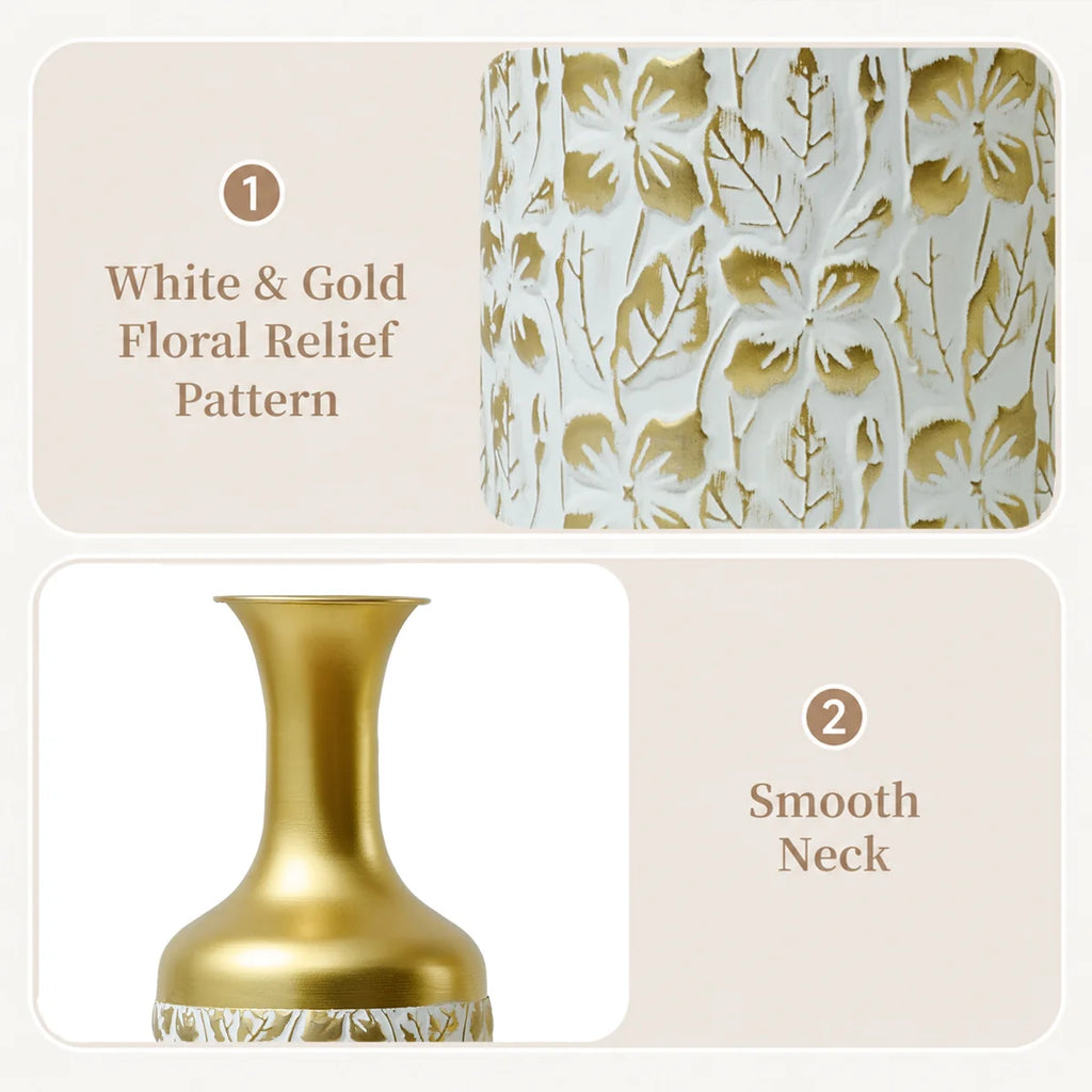 Medhansh Metal Floor Vase, Tall Decorative Vase with Floral Relief Pattern, Antique White Finish (Set of 3)
