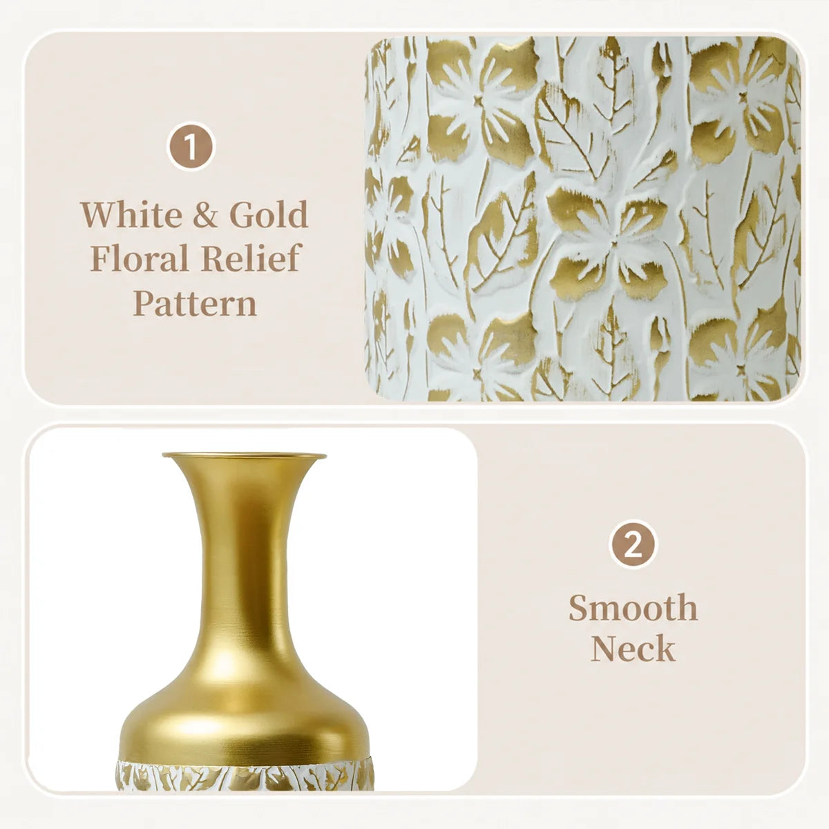 Medhansh Metal Floor Vase, Tall Decorative Vase with Floral Relief Pattern, Antique White Finish (Set of 3)