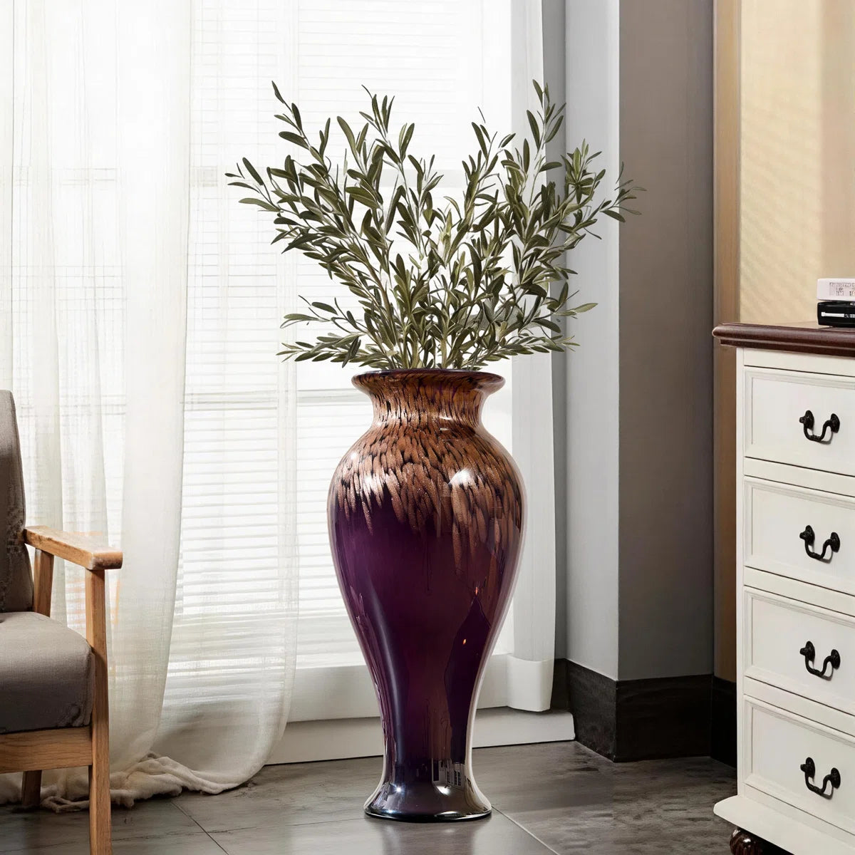 Hand-blown stained glass tabletop modern vase with , glazed glass grain and wide mouth decorative fashionable floor vase