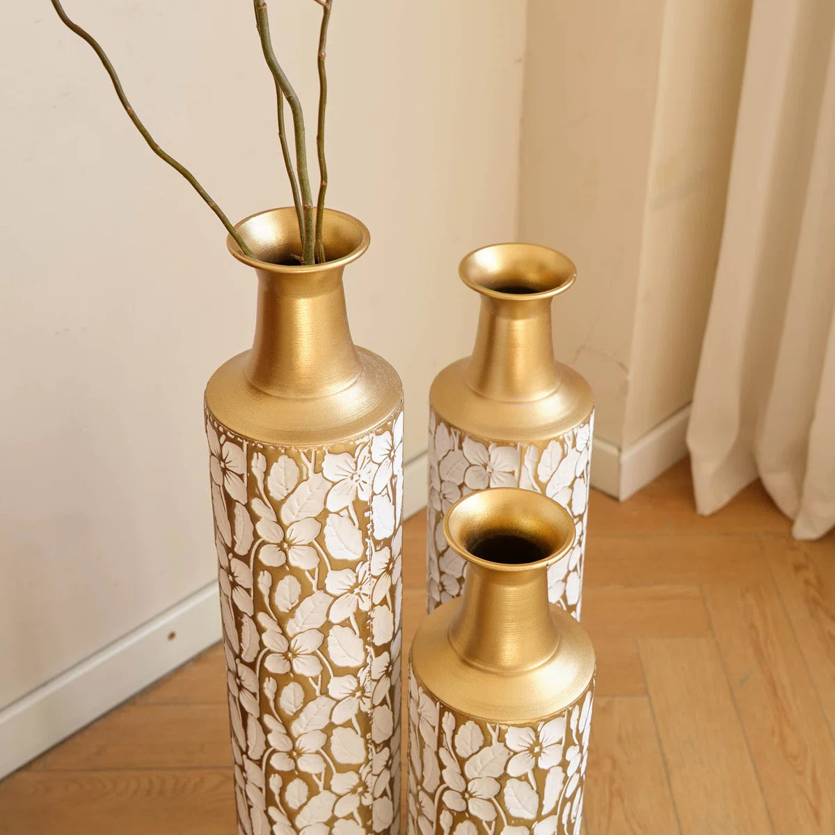 Metal Tall Floor Vase with Golden Blossom Vine Pattern, Large Flower Vase, Gold Vase (Set Of 3)
