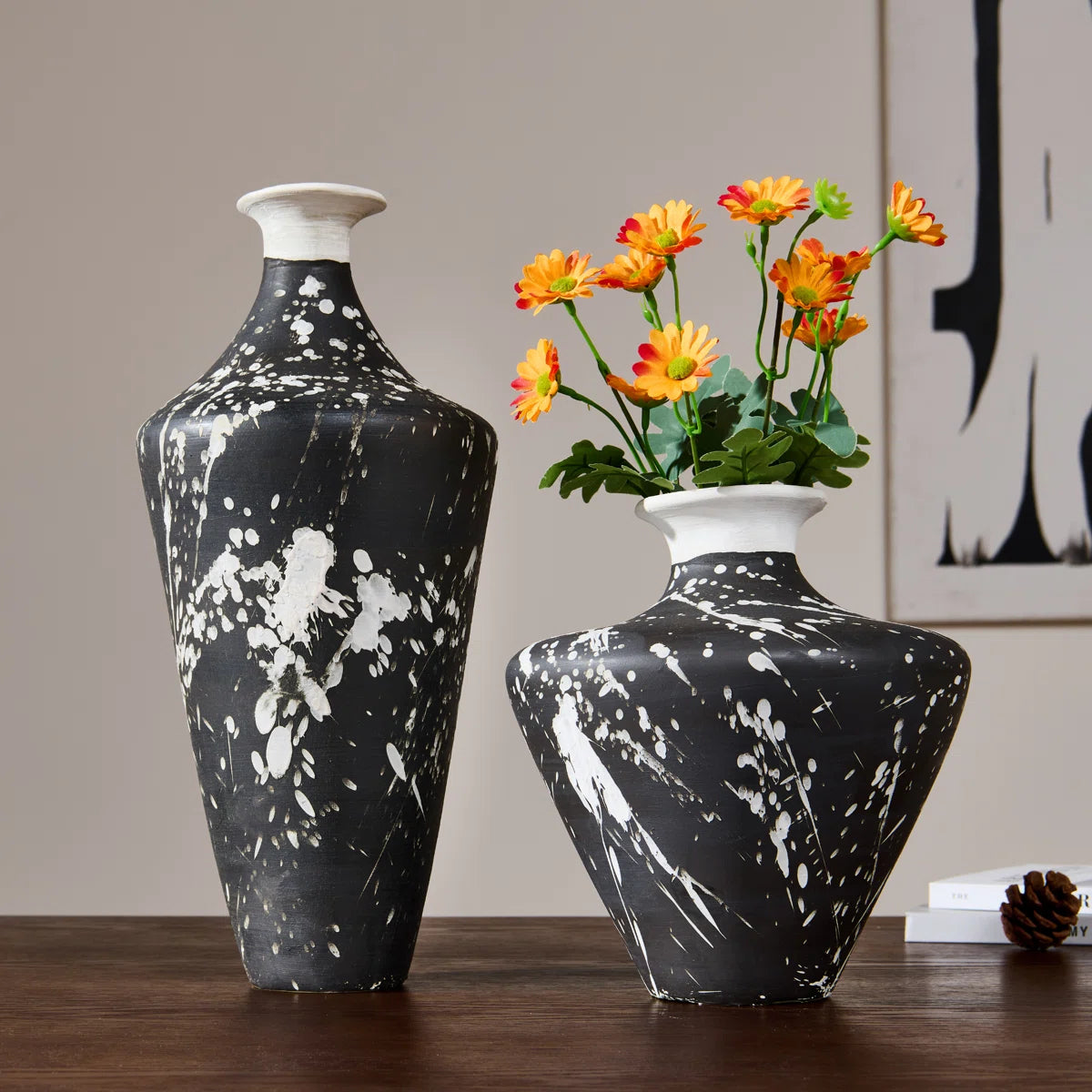 Irregular handcrafted ceramic tabletop vase, splash-ink pattern ceramic vase, ceramic textured decorative vase