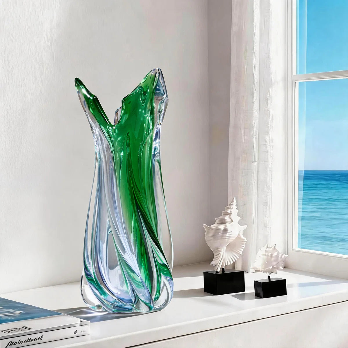 Hand-blown green and blue glass vase, unique swirl pattern sculptural vase, art glass table vase, suitable for modern home decoration.